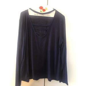 Plus- Glam Roxy- Casual Cut Out V Neck Choker Long Sleeve Top. Navy Size 3XL